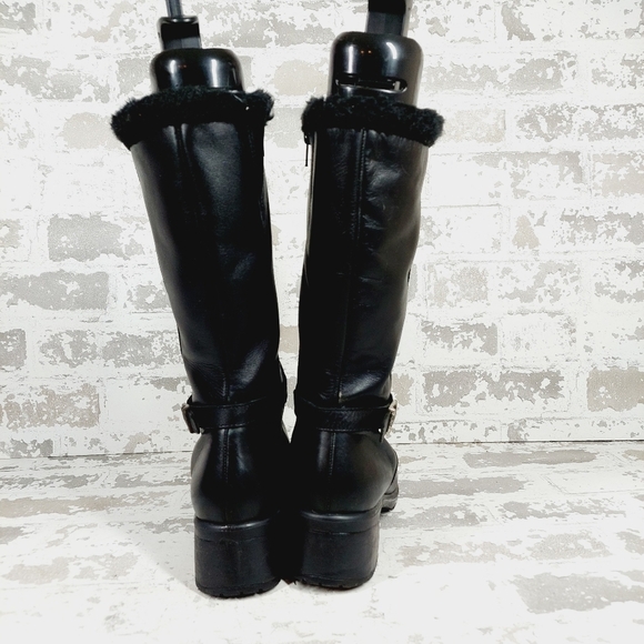 Boutique Black Leather Fur Trim Buckle Ankle Strap Block Heel Winter Boots D357 - Picture 3 of 13